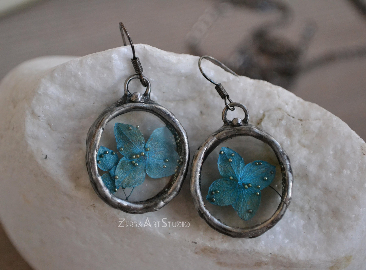 Hydrangea earrings, Blue flower earrings