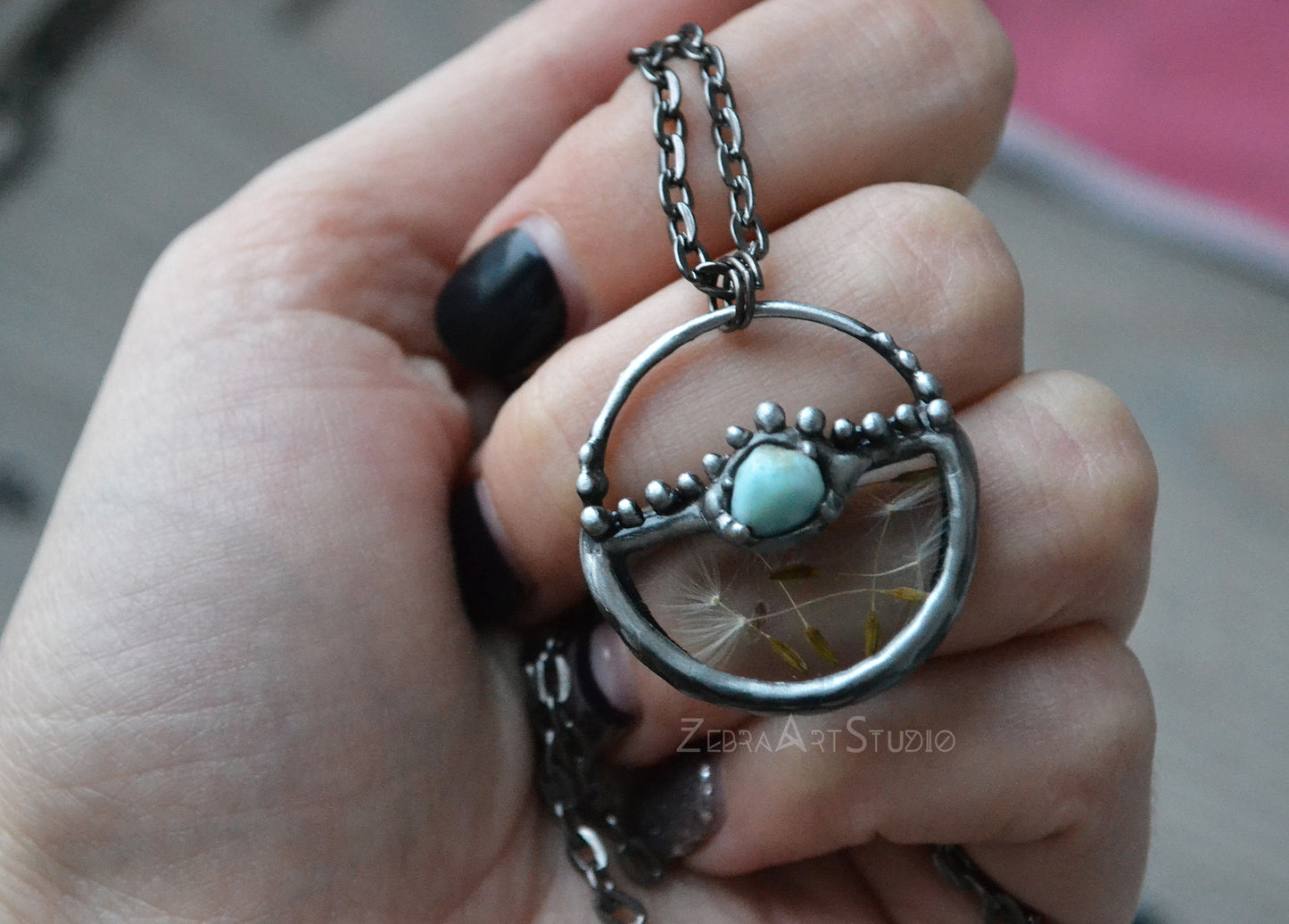 Wish necklace, Tiny dandelion necklace, Larimar necklace