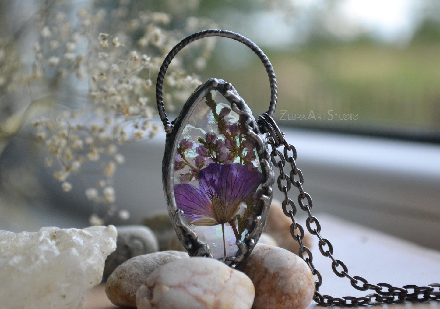 Iridescent necklace, Rainbow jewelry, Pressed flower necklace