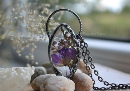 Iridescent necklace, Rainbow jewelry, Pressed flower necklace