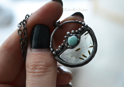 Wish necklace, Tiny dandelion necklace, Larimar necklace