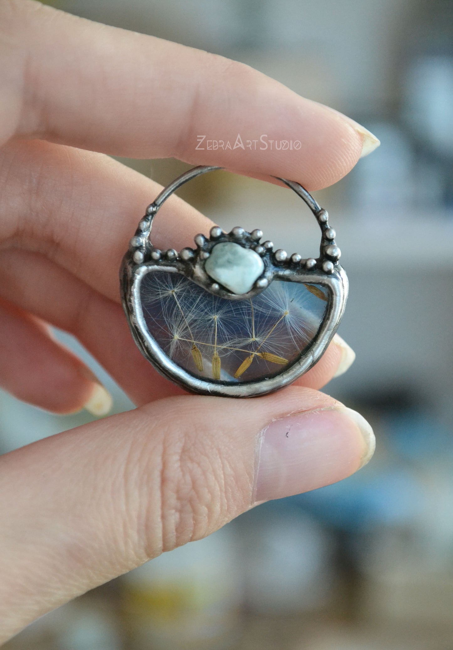 Wish necklace, Tiny dandelion necklace, Larimar necklace