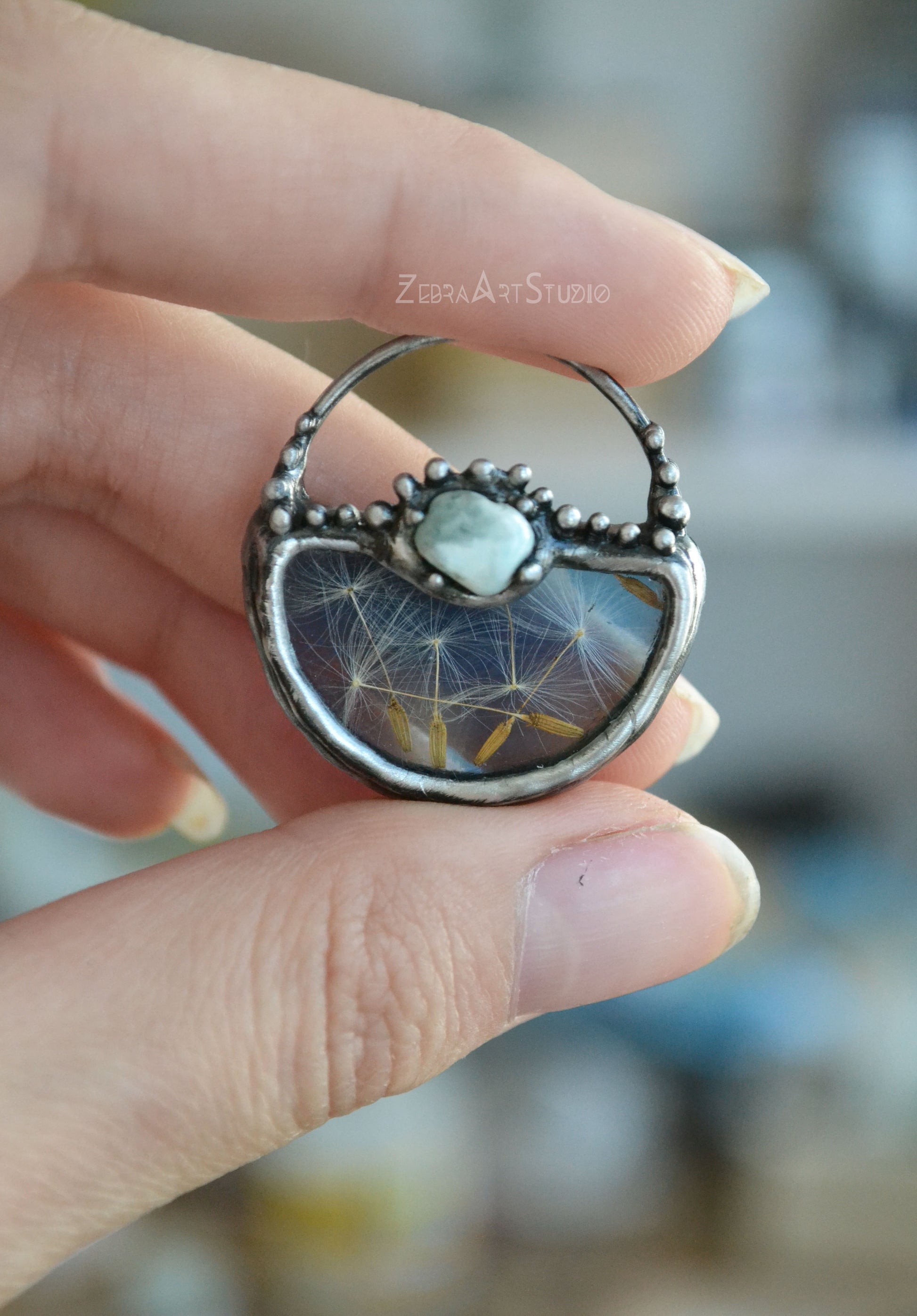 Wish necklace, Tiny dandelion necklace, Larimar necklace