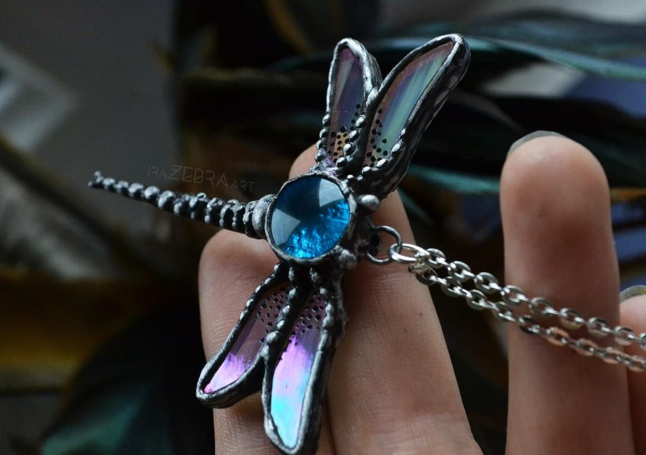 Dragonfly necklace, Glass Dragonfly, Stained glass pendant