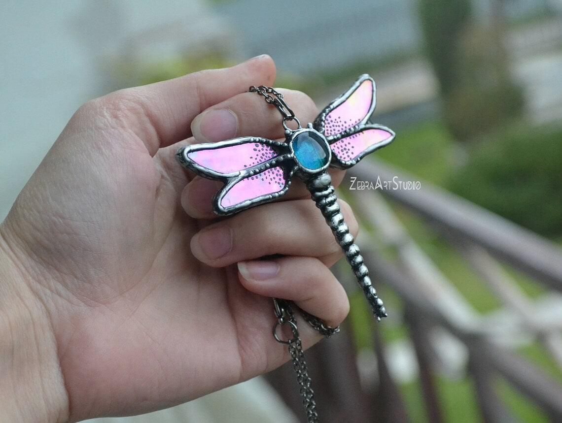 Dragonfly necklace, Glass Dragonfly, Stained glass pendant