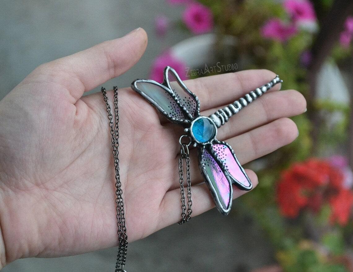 Dragonfly necklace, Glass Dragonfly, Stained glass pendant