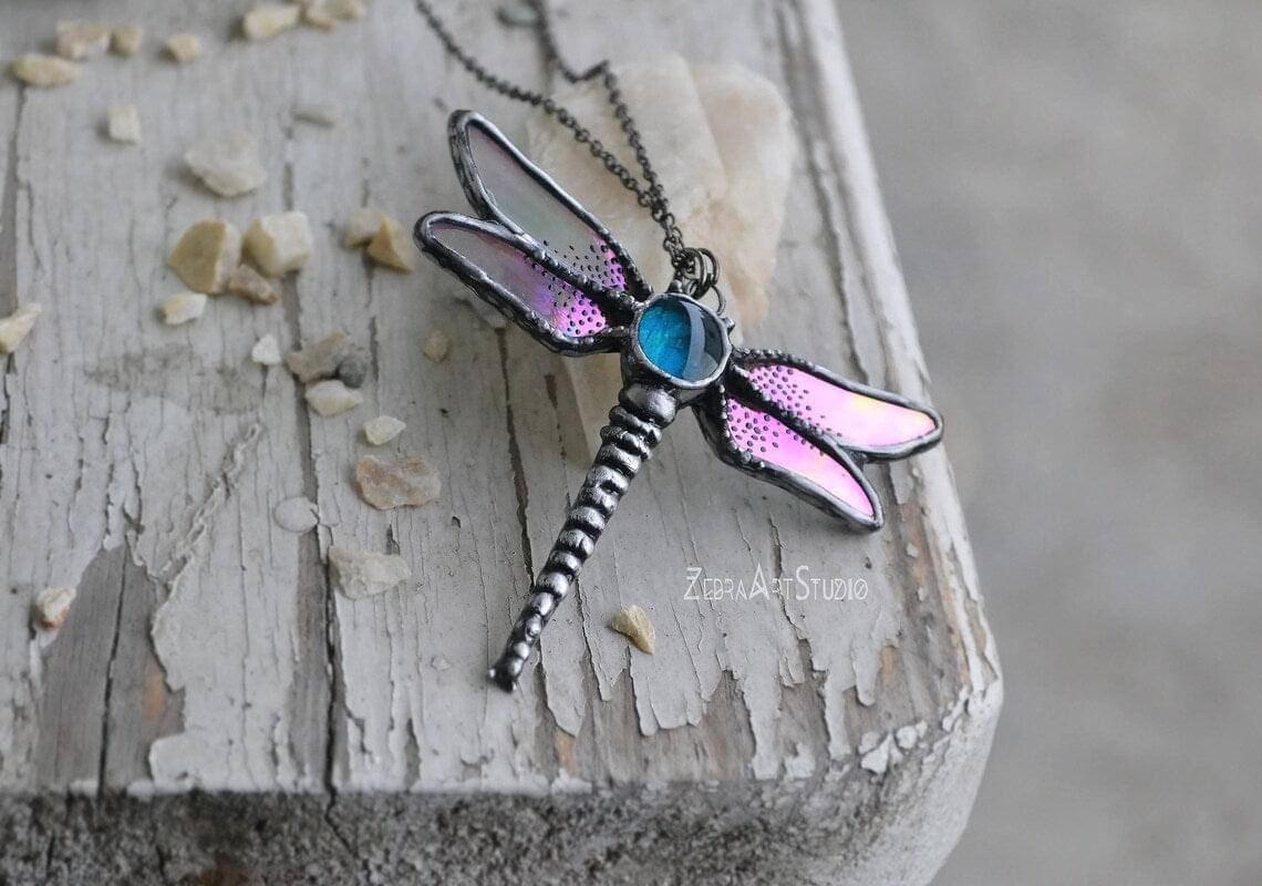 Dragonfly necklace, Glass Dragonfly, Stained glass pendant