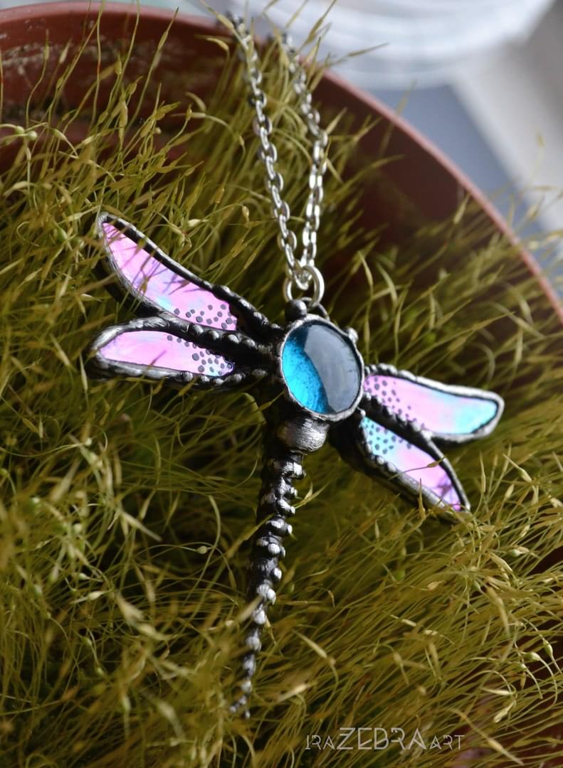 Dragonfly necklace, Glass Dragonfly, Stained glass pendant